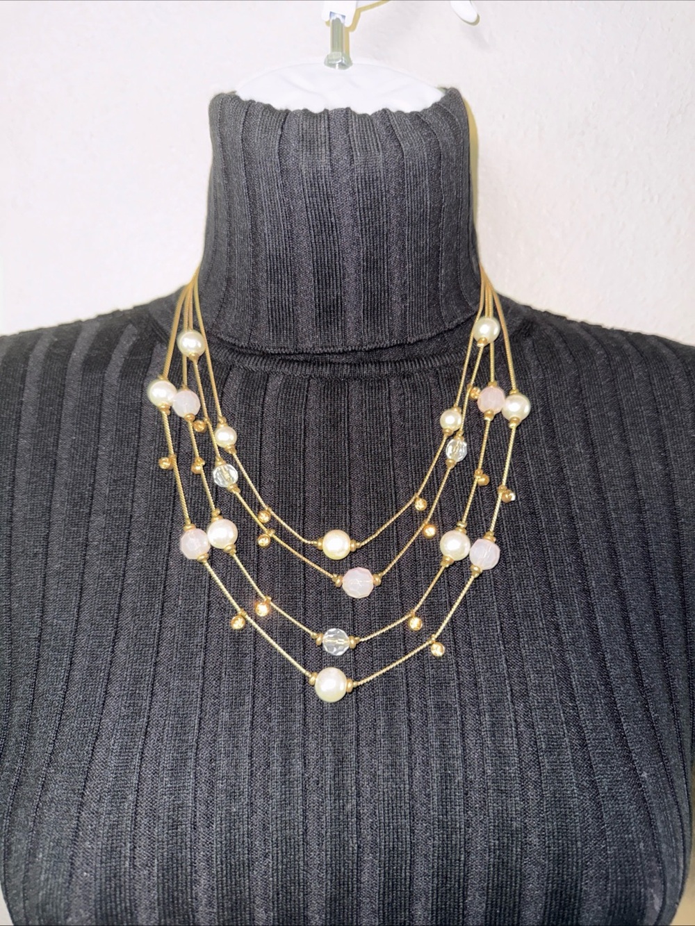 Boutique Three Strand Gold Tone Beaded Necklace